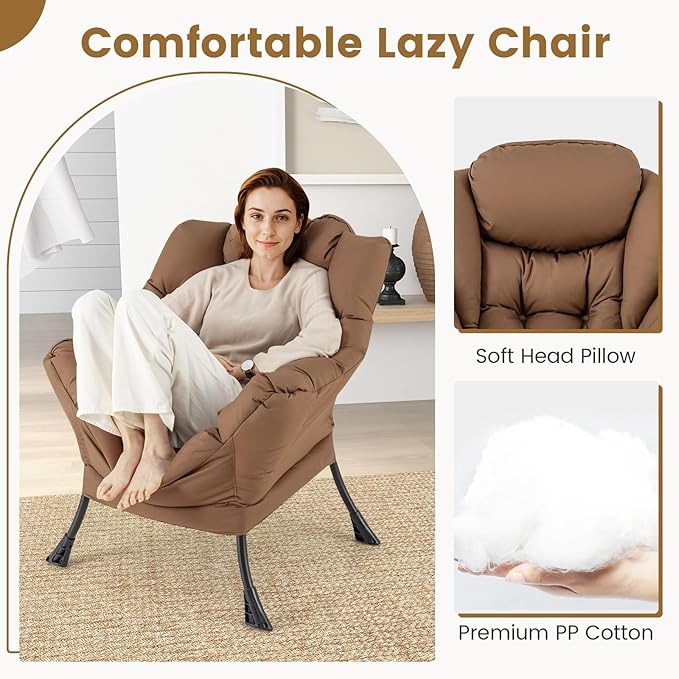 GOFLAME Lazy Chair with Ottoman Modern Large Accent Chair with Folding Footrest Head Pillow Armrests and Side Storage Pocket Upholstered Reading Chair for Living Room Bedroom Office (Brown)