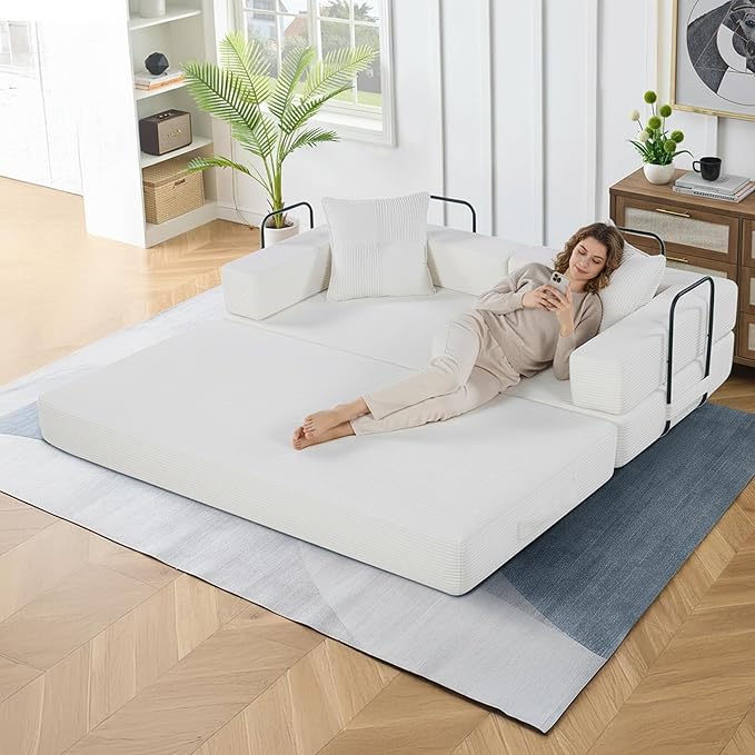 4-in-1 Convertible Folding Sofa Bed 79 Oversized Corduroy Upholstered Boneless Couch Loveseat Sleeper Sofa Bed Floor Sofabed Modular Futon Couch for Living Room Bedroom Lounge (Cream)