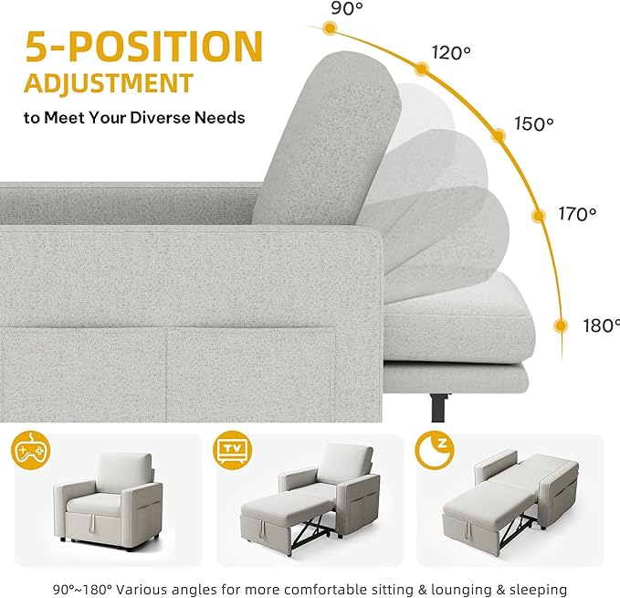 YITAHOME Convertible Sofa Chair Bed 3-in-1 Linen Fabric Sleeper with Pull-Out Bed Reclining Backrest &amp Wide Armrest Beige
