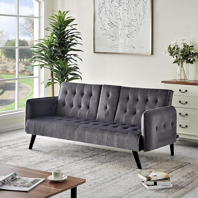 Container Furniture Direct 72 Velvet Convertible Sofa Bed with Cup Holders Tufted Folding Futon Sleeper Couch Mid-Century Modern 3 Seater for Small Spaces 72 L x 34.6 D x 31 H Grey