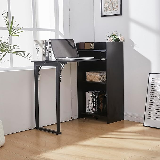 Fold Out Desk with Storage and Built-in Outlet Mid Century Foldable Desk for Small Spaces Hidden Folding Table for Home Office or Bedroom (Black)