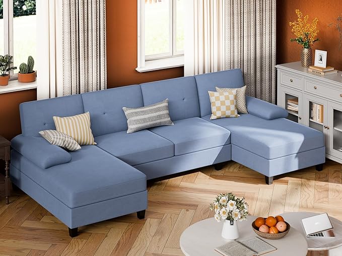 JY QAQA Sectional Couche with Soft Cushion U-Shaped Sofa with Double Chaise 4-Seat Linen Fabric Sofa Sets for Living Room Apartment Blue