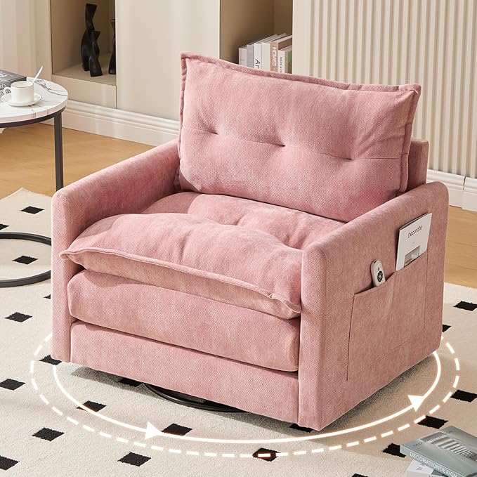 Oversized 360° Swivel Accent Armchair Nursing Chair and a Half with Side Pockets and Wide armrest Solid Metal Base Comfortable Single Sofa Chair for Living RoomBedroom Reading Room (Pink)