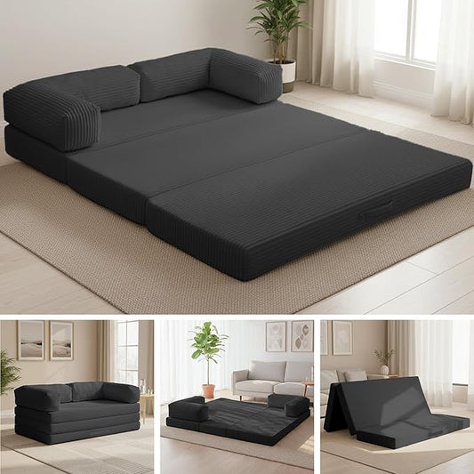 Convertible Sofa Bed King5-in-1 Folding Boneless Couch Corduroy Futon Sofa BedTri-Fold Mattress with Removable Armrests &amp HandleSleeper with Pull Out Bed for Small Space Living Room Bedroom