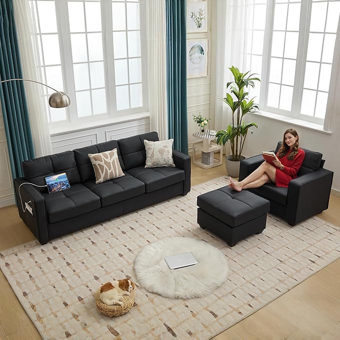 TYBOATLE Black Couch Sectional Couches w/Side Pockets for Living Room Comfy Faux Leather Modular Convertible L Shaped Sofas with USB &amp Ottoman Leather Sectional for RV Apartment Office