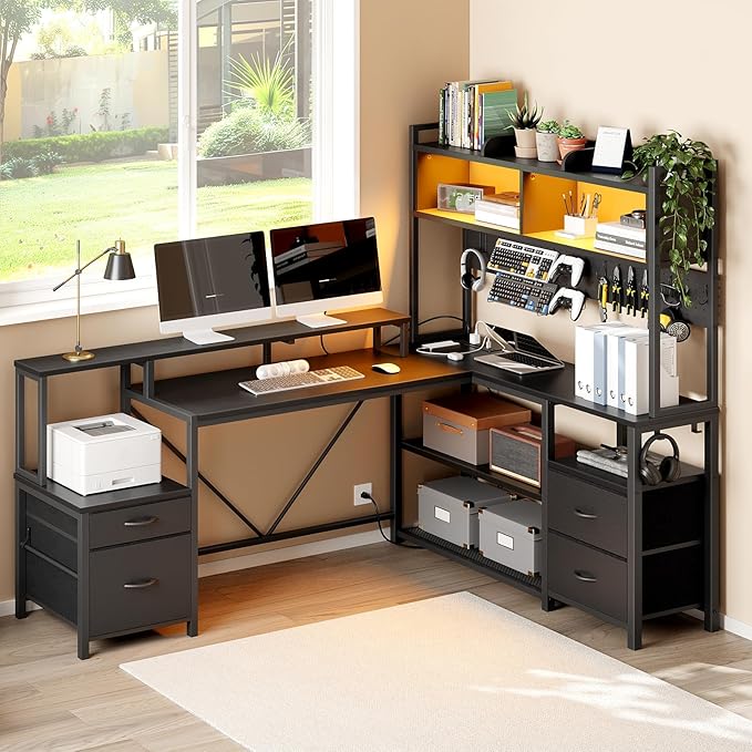 75inch L Shaped Computer Desk with Drawers Large Gaming Desk with LED Light &amp Power Outlets Corner Computer Desk with Storage Shelves &amp Monitor Stand for Home Office Black