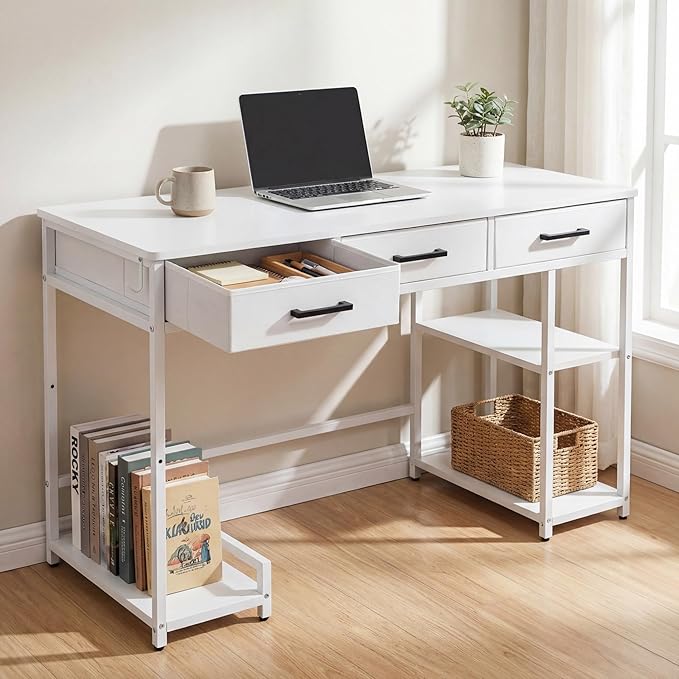 Shahoo Home Office Computer Desk with Drawers &amp Storage Shelves 47.2 Modern Writing Table White
