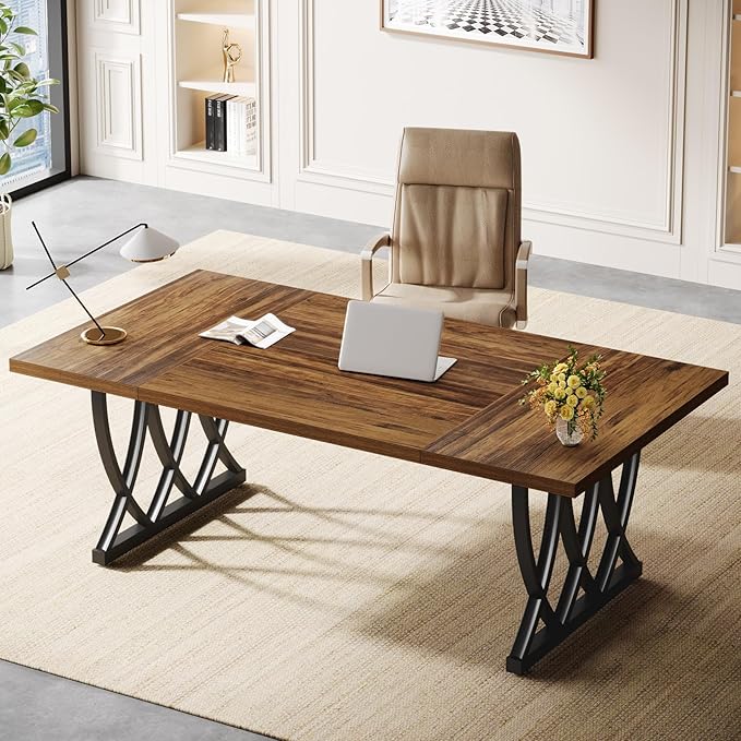 Tribesigns 70.86-Inch Executive Desk Large Home Office Desk Computer Desk with Thick Metal Frame Rectangle Study Writing Table Workstation for Home Office (Retro Brown &amp Black)