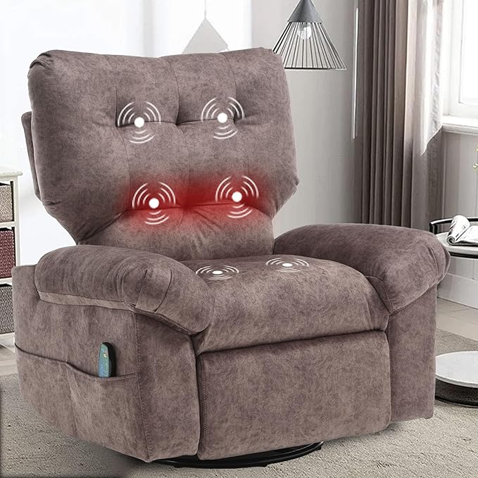 Rocker Recliner Chair for Adults Soft Lazy Boy Recliner Chair with Heat&amp Adjustable Backrest Footrest Oversized Massage Recliner Chair with Swivel and Side Pocket for Living Room Bedroom (Brown