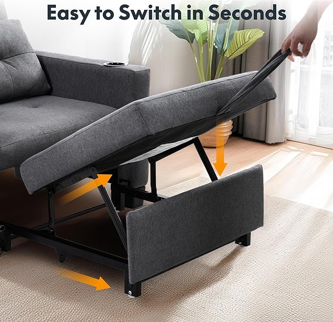 FLEXISPOT XCT2 Sleeper Chair Bed Sofa Bed Chair 3 in 1 w/USB Port Pillow Cup Holders Convertible Pull Out Bed W/Adjustable Backrest for Living Room Apartment Small Space Grey