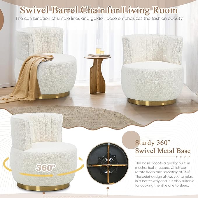 KINFFICT Swivel Barrel Chair Modern Upholstered Accent Chair 360° Swivel Round Lounge Chair with Gold Metal Base Comfy Arm Chair Sherpa Chair for Nursery Living Room Bedroom Club White