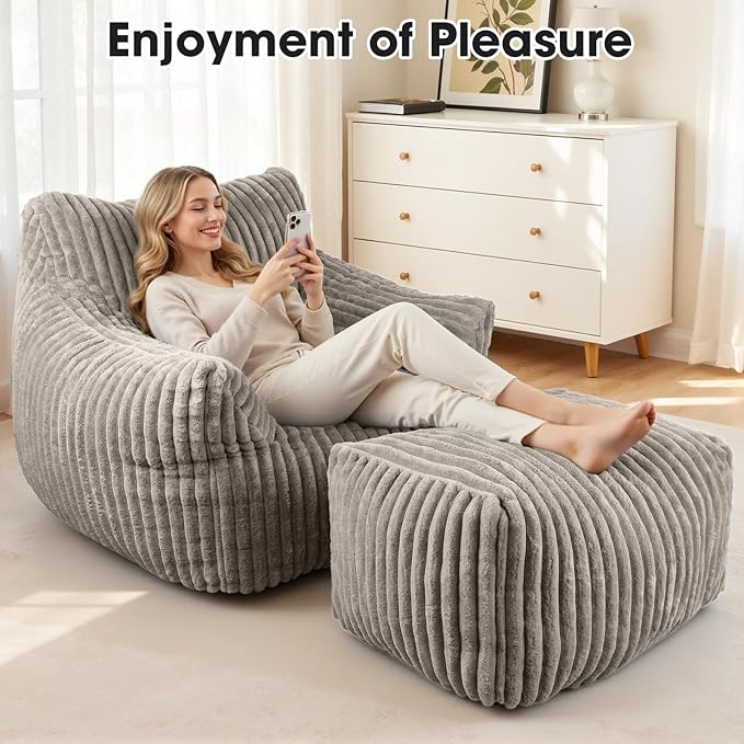 Giant Bean Bag Chair with Ottoman Oversized Memory Foam Bean Bag Sofa for Adults and Kids Large Comfy Fluffy Single Lounges Mini Couch for Living Room Bedroom &amp Dorm(Taupe)