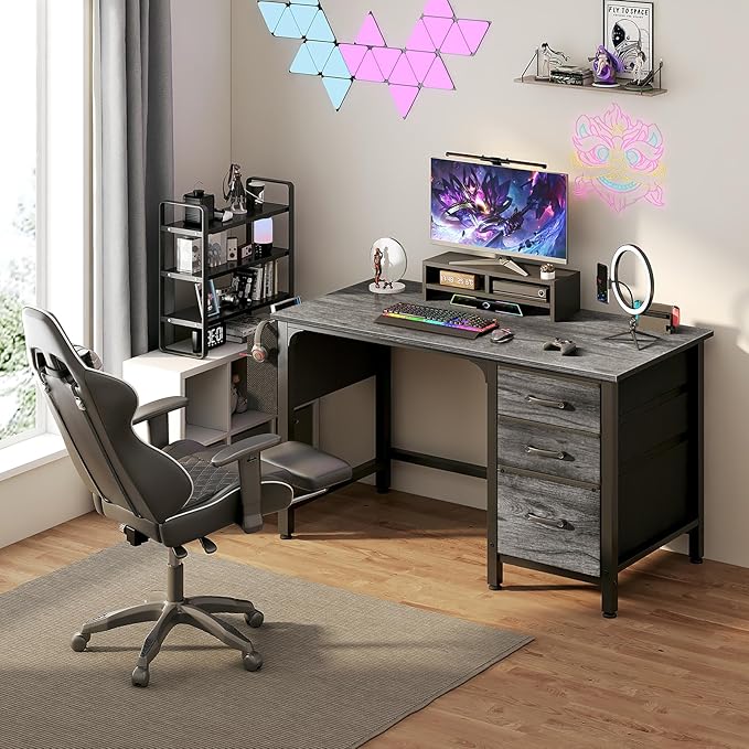 Lufeiya Computer Desk with File Drawers Cabinet 47 Inch Home Office Desks with Filing Cabinet for Small Space Gaming Study Writing Table PC Desks Gray