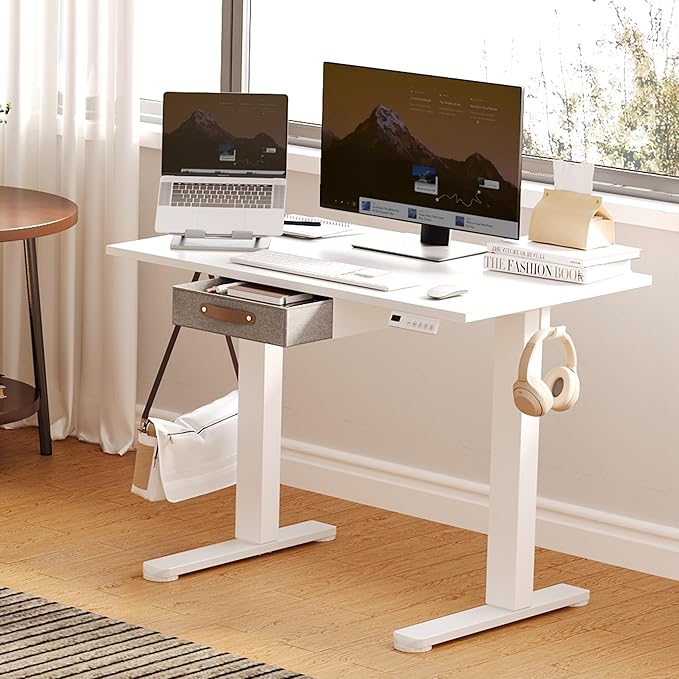 Seang Standing Desk with Drawer 40 x 24 Height Adjustable Stand Up Desk 3 Memory Height Settings with Cable Grommets &amp Storage Hooks Ideal for Home &amp Office White