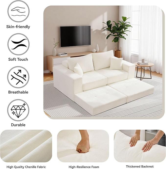 Boneless Sectional Loveseat Couch with Ottoman Convertible Tufted Button Modular Floor Sleeper Sofa Bed Comfy Foldable Compression Love Seat Sofa for Living Room No Assembly Beige