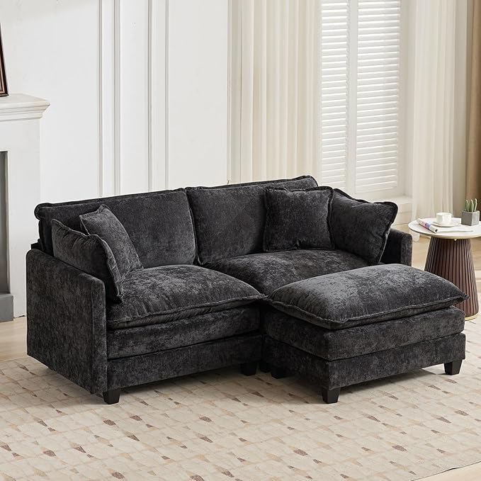 L Shaped Sectional Sofa Cloud Couch for Living Room 78 Chenille Comfy Boucle Modular loveseat Sofa Modern Upholstery Sofas with Ottoman &amp Memory Foam Black