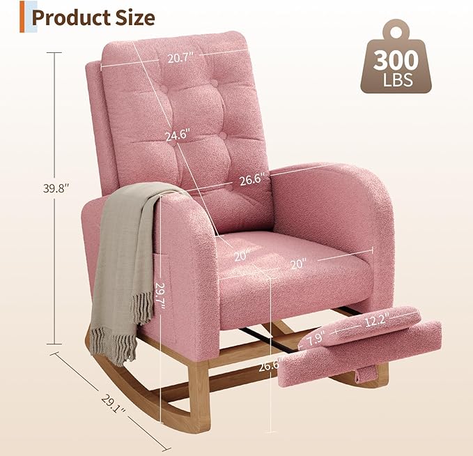 GarveeHome Nursery Rocking Chair with Adjustable Footrest Teddy Fleece Upholstery Sturdy Wooden Legs &amp High Backrest Comfortable Glider Rocking Chair for Living Room or Bedroom Pink