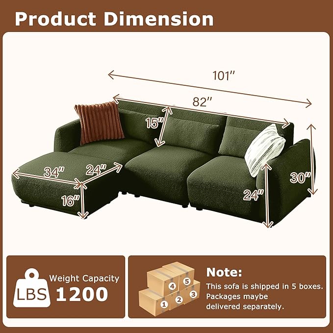 L Shaped Modular Sectional Couch with Removable Ottoman Convertible Cloud Sofa for Living RoomComfort Small Couch for Small Spaces(3 Set + 1 Ottomans - Green)