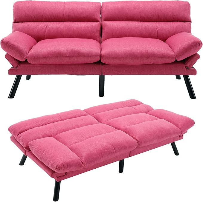 Anwick Modern Futon Couch Bed Sofa: Linen Fabric Quick Folding Armrest Space-Saving Convertible 2 Seater Loveseat for Living Room Bedroom Small Rooms Apartment (Pink) (Hot Pink)