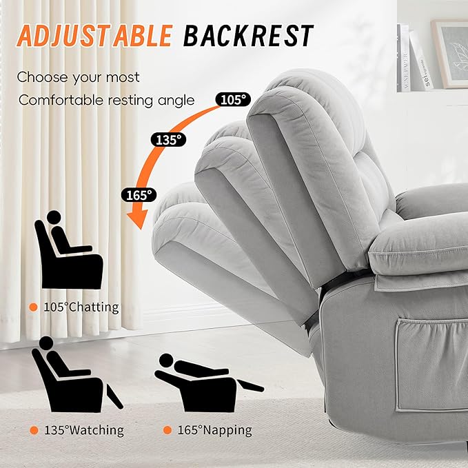 360°Swivel Rocker Recliner Chair for AdultsManual Glider Recliner Sofa with Massage and Heating Nursery Rocking Chairs with Cup Holds for Living Room Bedroom (Light Grey)