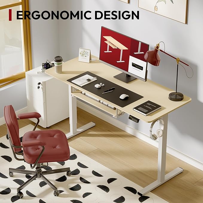 SANODESK Standing Desk with Keyboard Tray 48 × 24 Inches Electric Height Adjustable DeskSit Stand up Desk with Splice Board Home Office Desk Computer WorkstationWhite Frame/Maple Top