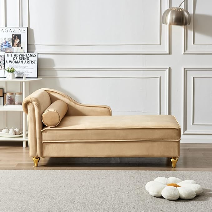 60.6 Velvet Chaise Lounge Sleeper Sofa with Large Hidden Storage &amp Lumbar Pillow Upholstery Tufted Lounge Chair Indoor with Gold Metal Legs &amp Armrest Reclining Sofa Chair for Living RoomBe