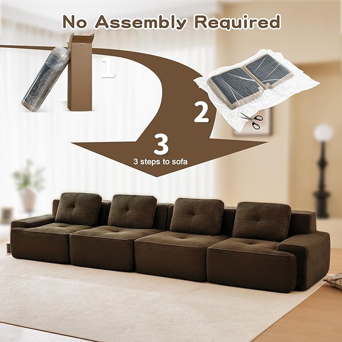 Casaphoria 150'' Brown Corduroy Cloud Couch 4-Seater Boneless Sectional Sofa with 4 Pillows for Living Room Deep Seat Sofa No Assembly Required