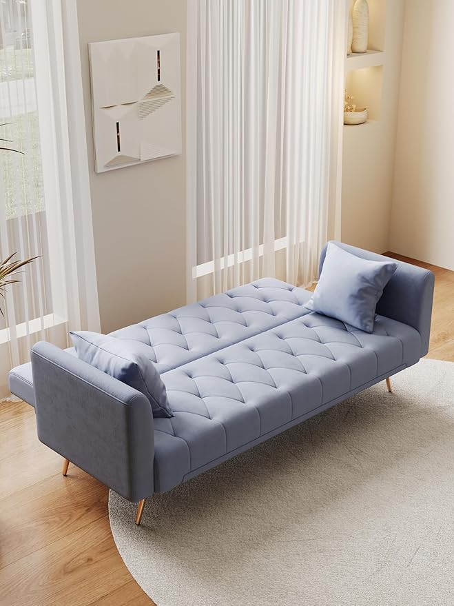 71 Convertible Velvet Futon Sofa Bed Loveseat with Multiple Adjustable BackrestsModern Sleeper Couch with Golden Metal Legs for Living RoomApartmentOfficeGray