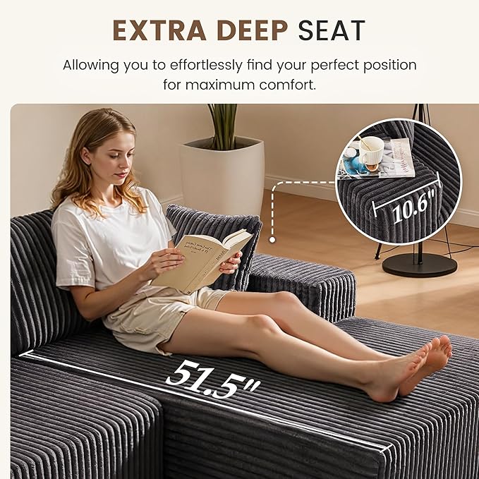Apicizon 113 Boneless Sectional Sofa Couch for Living Room L-Shape Modular Boneless Sectional Couches Sofa Bed with Chaise Longue for ApartmentNo Assembly Required (Stripe Corduroy Gray)