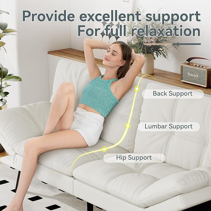 Futon Sofa Bed Convertible Couch White Faux Leather Sofa Bed with Memory Foam Adjustable Backrest &amp Armrests Multifunctional Small Loveseat Sleeper Sofa for Living Room Apartment Office
