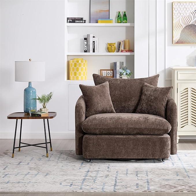 360 Degree Swivel Accent Chair Oversized 37.4 inch Extra Wide Barrel Swivel Chairs with Deep Seat for Living Room Club Reading Bedrooms (Chenille Brown)