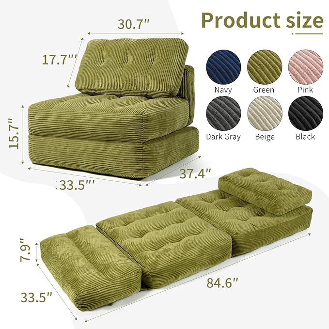 Art3d Folding Sofa Bed Convertible Sleeper Sofa Bed with Pilow &amp Back Support 3 in 1 Long Futon Boneless Couch Comfy Floor Couch for Living Room Bedroom Grass Green