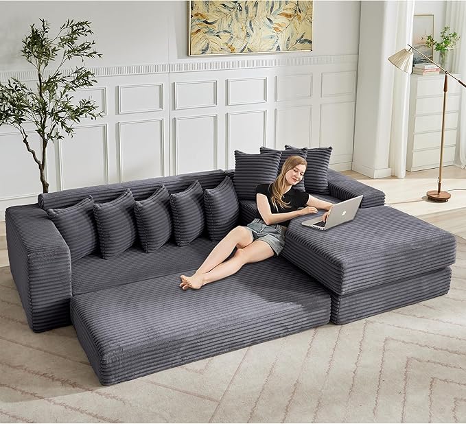 L Shaped Modular Cloud Couch with 8 Pillows Modern Corduroy Boneless Sectional Sofa with Large Chaise for Living Room Office Studio Flat Right Facing Chaise Compressed Sofa (Dark Grey)