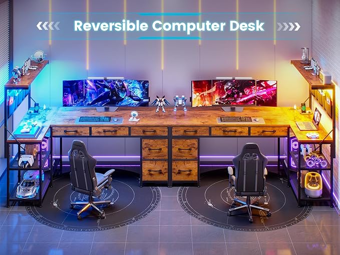 SEDETA L Shaped Desk with Drawers and Hutch 47.2 Reversible Office Computer Desk with 5 Fabric Drawers L Shaped Desk with Storage Shelves Power Outlet and LED Lights for Home Office Rustic Brown