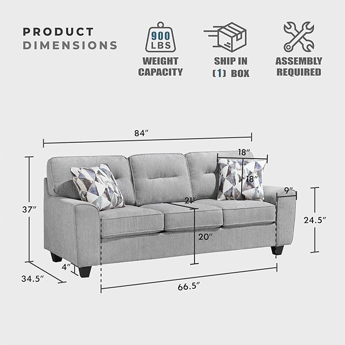Lexicon Modern Sofa Chenille Sofa 2 Pillows Track Arm Reversible Cushions Removable Cushion Cover Easy Assembly Comfy Couch for Living Room/Office/Reading Spaces Gray