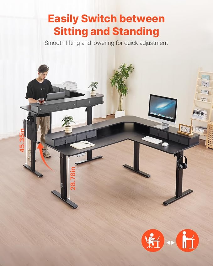 VEVOR 63'' Electric L Shaped Standing Desk 3 Memory Height 2-Tier Corner Table with 4 Drawers Storage 2 Hooks &amp Cable Hole Heavy Duty Carbon Steel Sit Stand Computer Workstation Easy to Assem