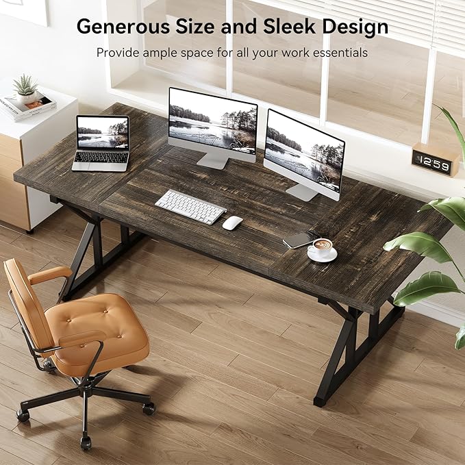 LITTLE TREE 70.8-Inch Large Executive Desk Extra Long Computer Office Desk Workstation Modern Simple Style Laptop Table Sturdy Wooden Writing Workstation for Home Black Oak
