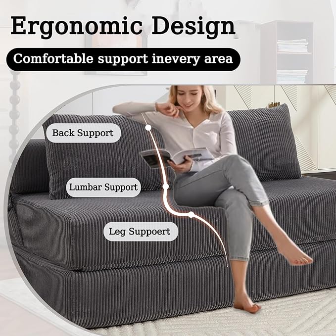 55 Convertible Folding Sofa Bed with 2 Pillows Corduroy Foldable Sleeper Sofa for Adult Floor Couch Bed for Living Room Bedroom No Assembly (Grey)
