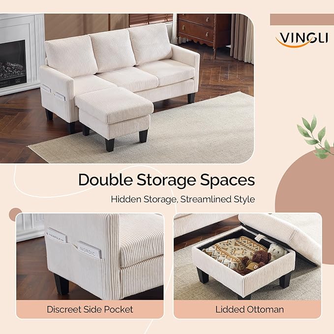 VINGLI 68.5' L Shaped Couch with Movable Storage Ottoman Convertible Sectional Sofa in Soft Corduroy Fabric Modern Reversible Chaise Couch for Small Spaces Apartment Living RoomCream White