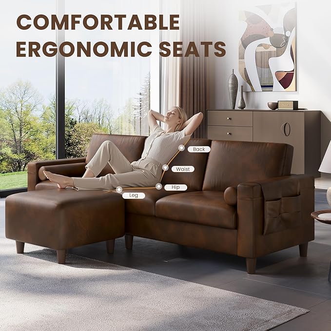 Vesgantti 100 L Shaped PU Faux Leather Sofa with Movable Ottoman 3 Seater Leather Sectional Couch with Side Pocket Comfy Modern Modular Couch for Living Room Apartment Cocoa