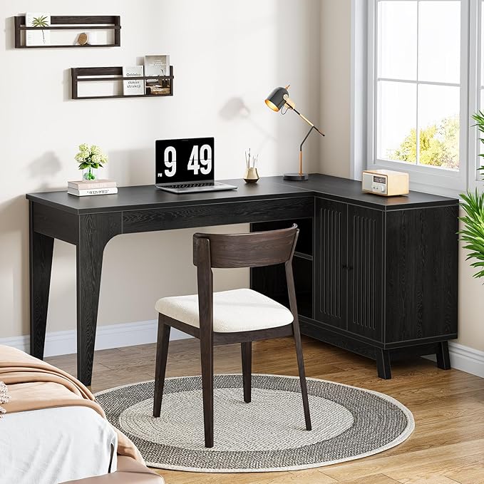 Tribesigns L-Shaped Desk with Storage Cabinet 57-Inch Wood Corner Workstation Home Office Computer Desk Study Writing Table (Black)