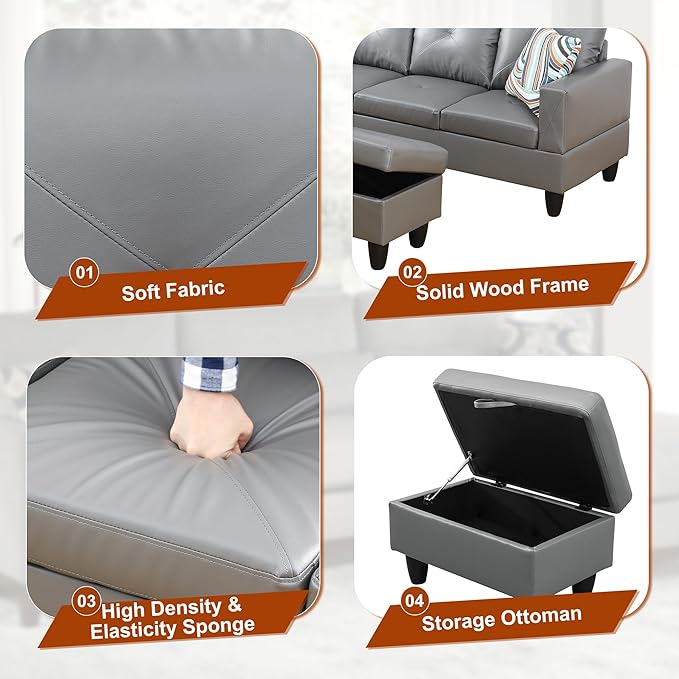 L Shaped Couch Faux Leather Sectional Couches for Living Room Upholstered 3 Pieces Modular Sectional Sofa with Chaise Ottoman with Storage for Living Room and Small Apartment Dark Grey