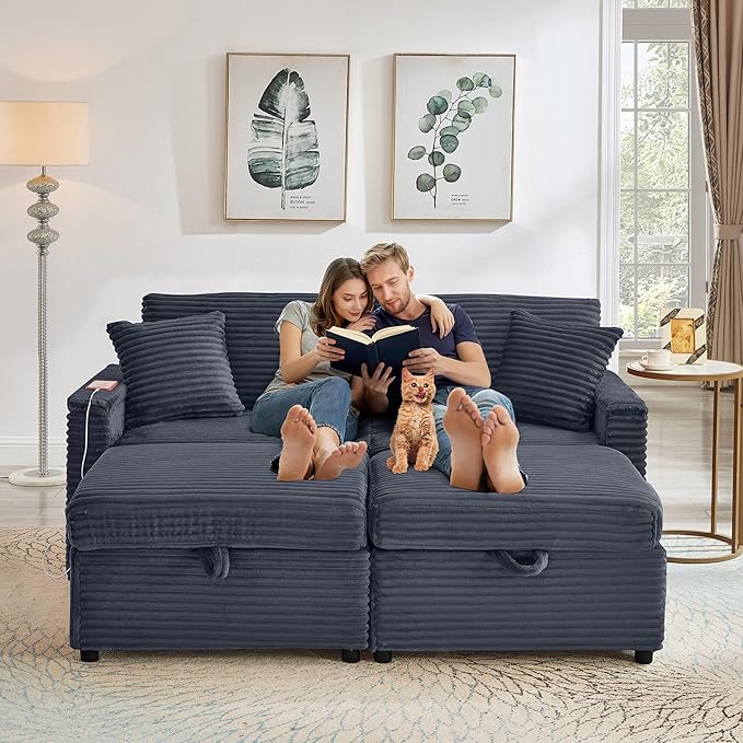 68 Cloud Loveseat with Ottoman Set USB Ports &amp Storage Wooden Side Table Comfy Plush Corduroy Upholstered Love Seat Modern Oversized Deep Seated Grey Sectional for Living Room Grey