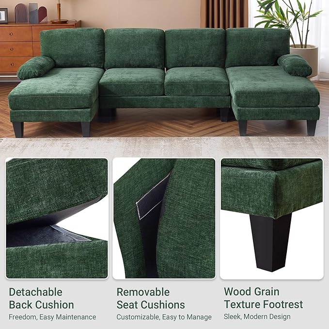 VINGLI 110 Sectional Couches for Living RoomU Shaped Couch with Double Chaise 4-Seat Sofa Set with Chenille Fabric for Home FurnitureForest Green