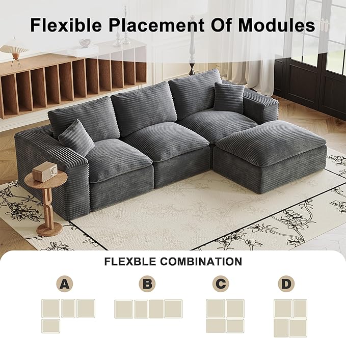108'' Modular Sectional Sofa with Ottoman Corduroy Cloud Sectional Couches for Living Room High-Back Modern L Shaped Boneless Couch Deep Seat 3 Seater Sofa No Assembly Required Grey