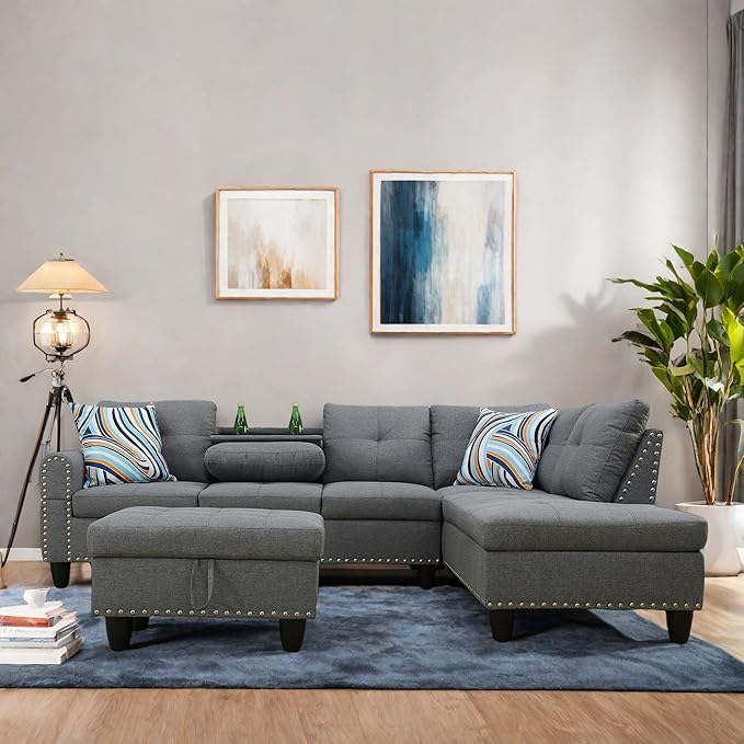 L Shaped Sectional Couch with Reversible Cup Holder and Chaise 4 Seater Lounge Sofa Modern Nailhead Design with Storage Ottoman Grey