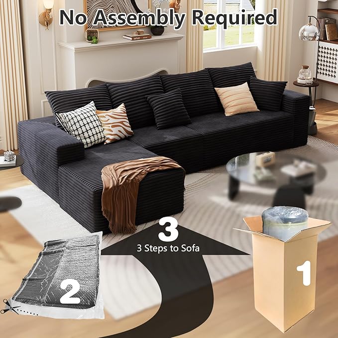135.4 Cloud Sectional Couch with L-Shape Chaise Modern Modular 4-Seater Sofa with Deep Seat Corduroy Upholstered Couches for Living Room Bedroom No Assembly Required(Black Left Facing)