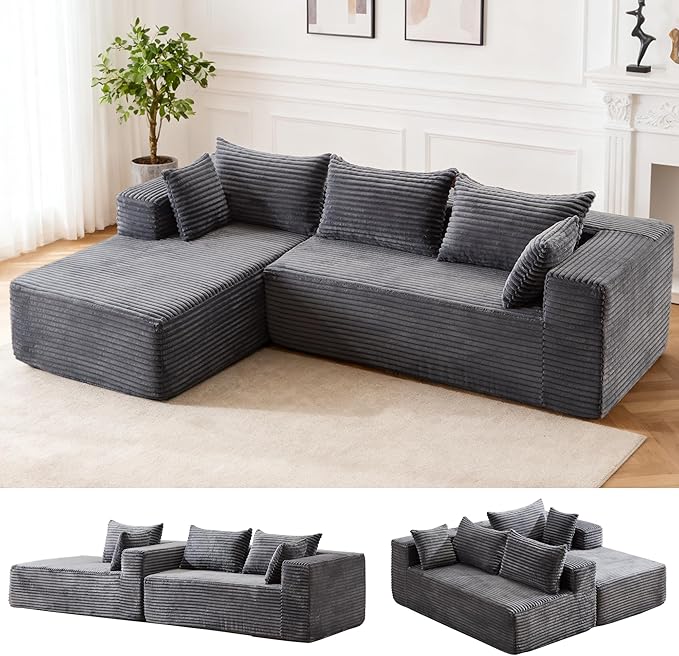 107 Cloud Couch Modular Sectional L Shaped Couch with Chaise Deep Seat Sofa Fluffy Corduroy Couches Boneless Couch for Living Room Gray Left Facing Chaise