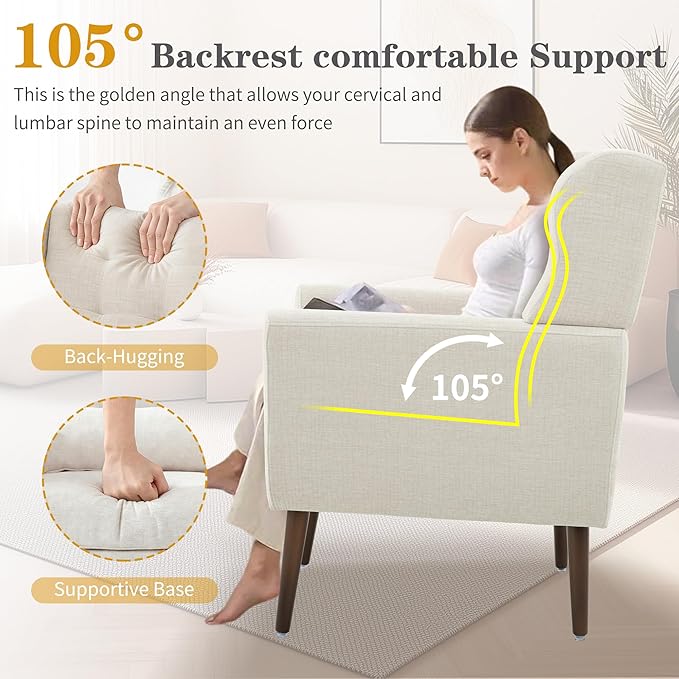 Modern Accent Chair Upholstered Armchair with Pillow Fabric Single Sofa Chair with Lounge Seat and Wood Legs Accent Chair for Living Room Bedroom Small Spaces (Beige Set of 2)