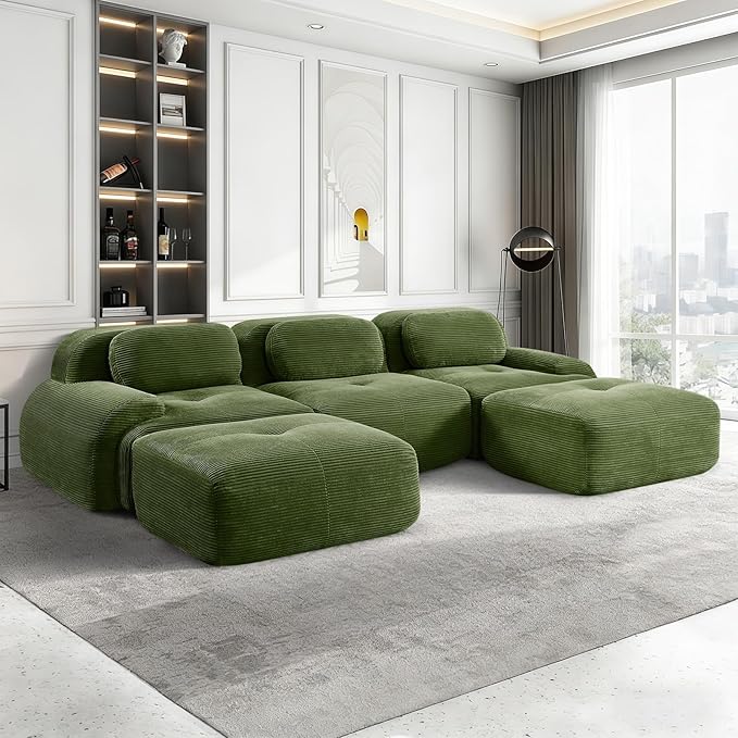 117.3 L Shaped Sectional Cloud Sofa Couch Corduroy Modern Memory Foam Boneless Modular Couches Chaise for Living Room Bedroom(3-Seater&amp2 OttomanGreen)